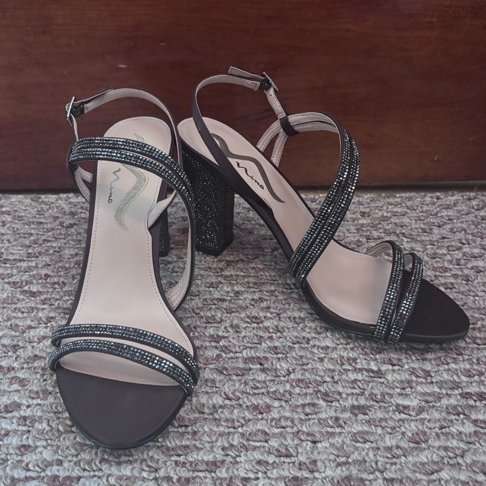 Nina Rhinestone Strappy Block Heel Sandals - Dark Brown
